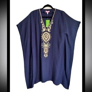 LILY PULITZER Chai Caftan Navy Gold Embellishments V-Neck Sz S/M  NWT